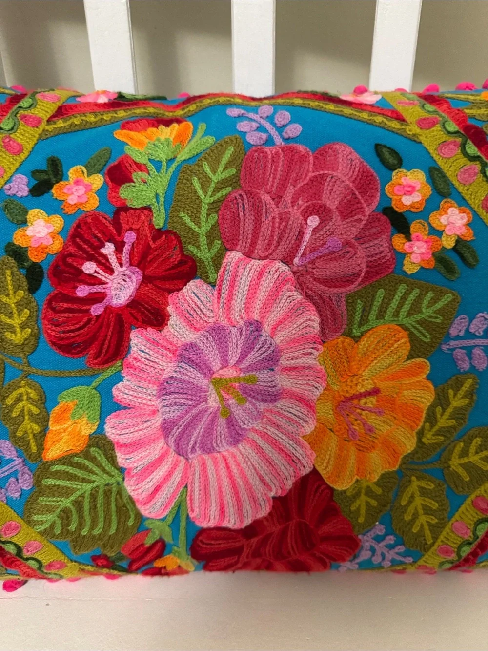 Boho Embroidered Floral Throw Pillow  With Pom Pom Trim